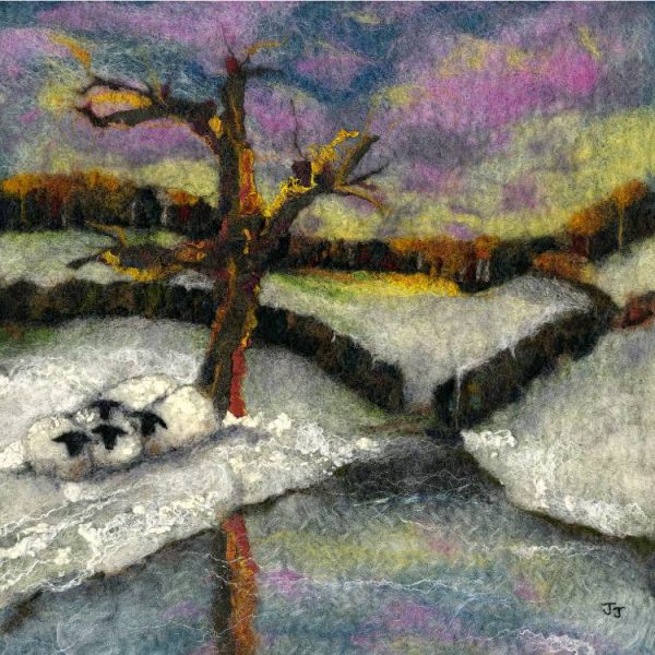 Yorkshire Landscape Painting - a snowy sheep scene in Yorkshire made from felt and other materials