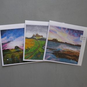 Set of 3 greeting cards depicting scenes from Northumberland. Including Bamburgh Castle and Dunstanburgh Castle.