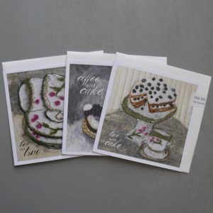 set of 3 greeting cards, depicting tea and cake, coffee and cake and tea for two messages. By felt artist Janine Jacques