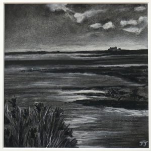 Northumberland art created using charcoal and chalk of a seascape from Holy Island/ Lindisfarn looking towards Bamburgh Castle, Northumbrian. A beautiful black and white piece of art by artist Janine Jacques