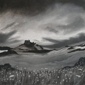 Northumerland landscape of Bamburgh Castle with wild flowers growing in the sand dunes in the foreground by artist Janine Jacques